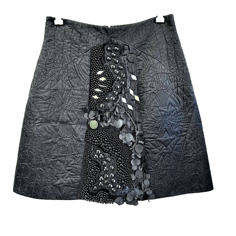 PINKO Women's Black A-line 100% Silk Black Skirt SZ 6 Embellished Front Lined